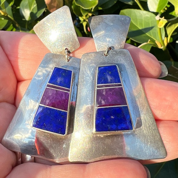 VINTAGE NAVAJO NATIVE AMERICAN SUGILITE LAPIS HUGE DROP DANGLE EARRINGS 925 SS